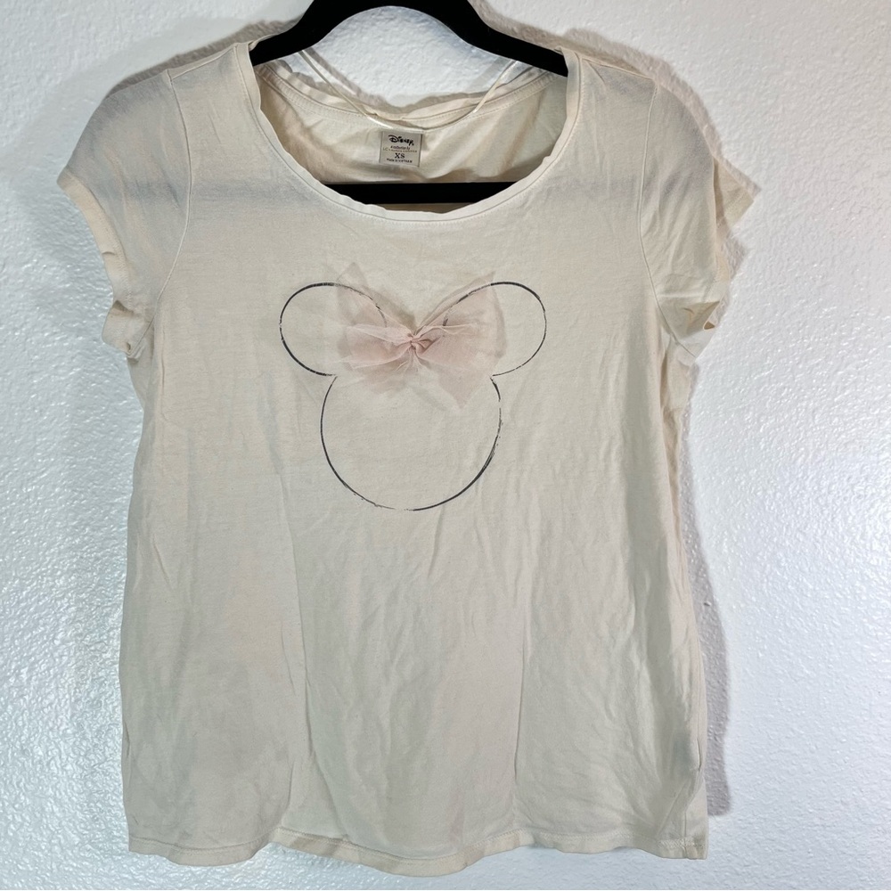 LC Lauren Conrad XS Disney Collection Beige  Minnie Mouse Face Pink Bow T-shirt